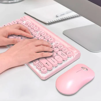 Безжична клавиатура и мишка комплект 2.4 Ghz безжична сладък ретро кръгли бутони на капака на клавиатурата и ергономична мишка Combo