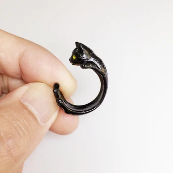 Безплатна доставка на черна котка, пръстен сладък и оригинален дизайн с ръчно изработени занаятчийски малки животни бижута котка пръстен на отваряне