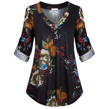 Блуза 5xl плюс размера на жените туника риза есен с дълъг ръкав цветен принт V-образно деколте, блузи и потници с бутон голям размер дрехи #11