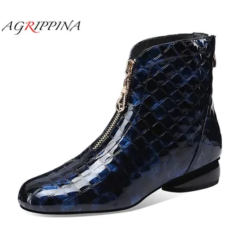 Ботильоны за жени луксозни коровья кожени дамски топла зима светкавица квадратен чорап сини токчета на обувки Дамски модни ботуши рокля обувки