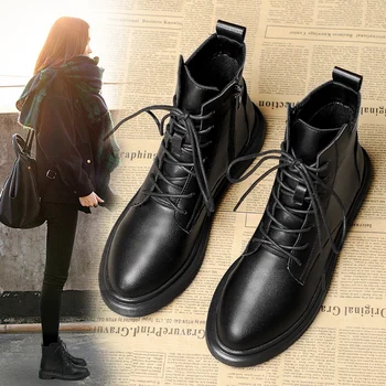 Британски стил дамски ежедневни ботуши крава кожени обувки черна платформа ботильоны есен зима botas de mujer femmes bottes zapatos