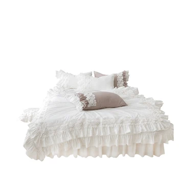 Бял на цвят дантела комплект постелки за принцеси номер едно на кралицата на поп чаршаф легло пола памук корейски стил на спално бельо и комплекти