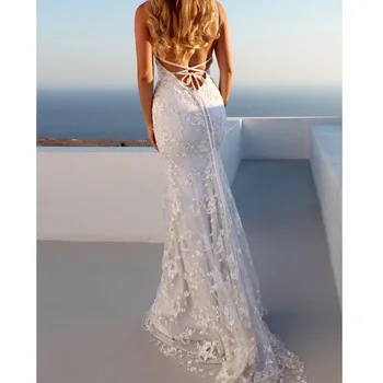 Бяла рокля на сватбата на жена в секси без презрамки и дълбоко V-образно деколте от дантела, бродирани с дължина до пода дълга рокля на булката жени Vestido лято