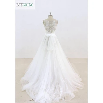 Бяло дантелено тюлевое сватбена рокля без ръкави, с дължина до пода A-line сватбена рокля Chapel Train по поръчка
