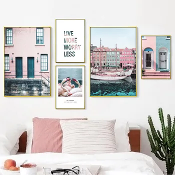 Венеция Синьо Море Розовата Къща Пейзаж На Стенно Изкуство Платно Живопис Скандинавските Плакати И Щампи Стенни Картини За Декора На Стените На Хола