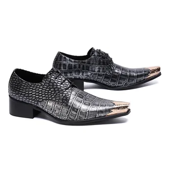 Вечерни модела обувки от естествена кожа британски стил метален чорап крокодил модел броги обувки мъжете стягам нощен клуб вечерни обувки за мъже