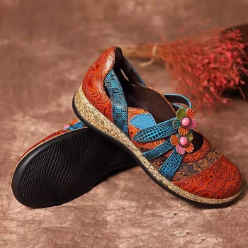 Винтидж цветни ПУ срастване цветни шевове кука контур плоски обувки пролет лято ежедневни дамски плоски обувки нов