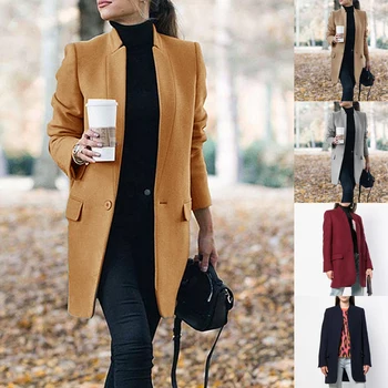 Висок клас двойна вълна палто 2020 Пролет дамска мода палто с висока яка дълга вълна палто офис дами плюс размер якета на топ