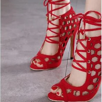 Високи токчета стягам дамски сандали Гладиатор лято секси выдалбливают кръст джапанки дамски обувки червен черен Шило отворени сандали