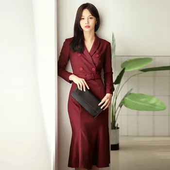 Високо качество 2020 есен жените офис OL официално дълъг ръкав двубортный Bodycon тънък работен рокля