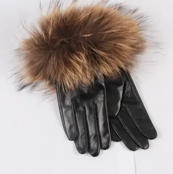 Висококачествени дамски зимни ръкавици от овча кожа с естествена кожа на миеща мечка ръкавици от естествена кожа, Дамски черни червени