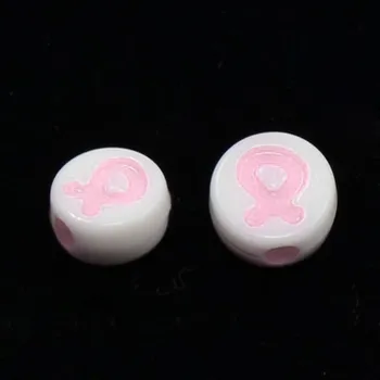 Втулка акрилни мъниста рисувани плоски кръгли с рак на млечната жлеза Розовата лента на осведомеността перлено розово 8x4mm отвора 1mm PANDAHALL