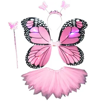 Възрастни деца 4шт костюм фея набор от LED моделиране на крилата на пеперуда остроконечная пола, пакет лента за глава пръчица на Принцеса момиче страна облечи