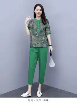 Годишен женски комплект нов шифон печатни с къси ръкави модни комплекти широки панталони от две части дрехи на средна възраст женски костюм W240