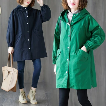 Голям размер жена тренчкот нова демисезонная облекло свободно палто с качулка однобортное палто със средна дължина, дамски ветровка