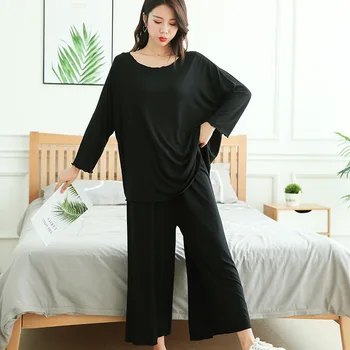 Голяма домашно облекло костюм-женски Нов 100 кг мазнини мм свободни пижама с дълъг ръкав комплект от две части 9-точка широки панталони кърменето