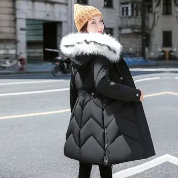 Голяма цветна кожа яке 2020 Женски памучни топло палто с качулка дамски зимни дрехи със средна дължина, с висока талия Slim Fit връхни дрехи плюс размер 4XL