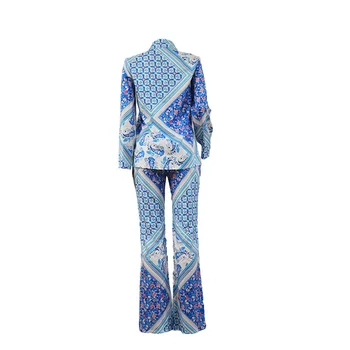 Гореща лукс печат мода офис от две части създава дамски облекла синя риза Flare панталони плюс размер 2XL африкански дами 2 бр. костюми