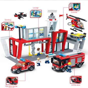 Град пожарна станция модел строителни блокове пожарникар човек камион просвети тухли съвместими LegoING забавни играчки за деца