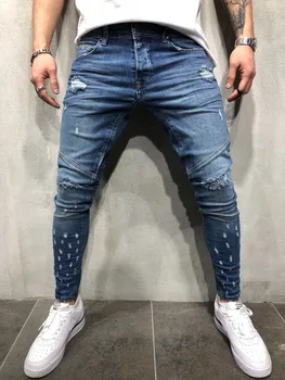 Градинска облекло за хип-хоп мъжете синьо коляно скъсани тесни дънки мъжки разрушения участък памук мотоциклет пътеки дънкови панталони плюс размер XXXL