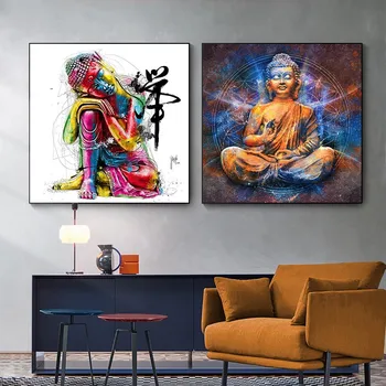 Графити изкуството на стената платно изкуството на Буда снимка на плакат и печат на изкуството на стената цветни статуи на Буда картини за хола домашен интериор