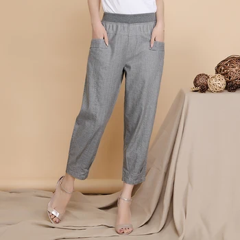 Дама на средна възраст еластичен колан свободни ежедневни панталони 2019 лятото женската зреещи плюс размер 4XL джоба тънки дамски панталони