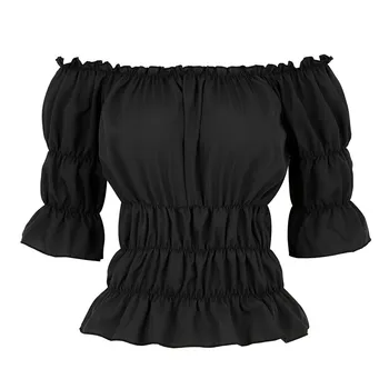 Дамска блуза с къс ръкав и набори с открити рамене съкратен топ Pirate риза в стил steampunk Селски блуза в стил Ренесанс Slim Fit