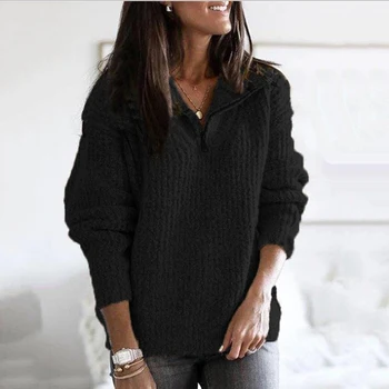 Дамска Мода Есен Плътен Цвят С Дълъг Ръкав С Цип Свободни Трикотажни Плюс Размера На Пуловер Есен Зима 2020 Дамски Ежедневни Блузи Пуловери