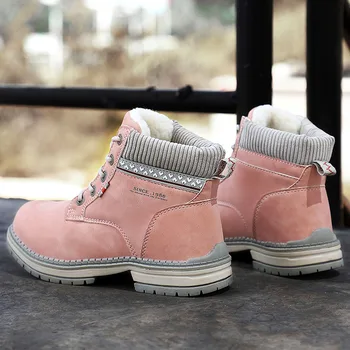 Дамски ботуши, зимни обувки за ски кожа розово кафяв дамски къси ботуши вълна топло нескользящая стягам апартамент студент Дамски обувки