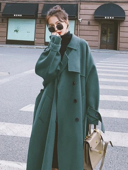 Дамски вълнени палта 2020 зима свободни корейски стил дълги Хепбърн дебели модни вълнени якета класически над коленете си кашмир палто дами