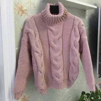 Дамски вязаная поло усукана пуловер Джърси розов жълт пуловер с дълъг ръкав дамски топли зимни дамски пуловери жилетки