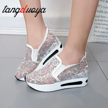 дамски ежедневни обувки, Обувки на платформа дамски лейси обувки от въздушна мрежа дамски маратонки на платформа Бели черни маратонки на танкетке за дамски обувки