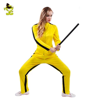 Дамски жълти костюми Куфу Хелоуин cosplay убиец екипи, комплекти Пурим ролева игра на партията на карнавалните костюми за възрастни жени