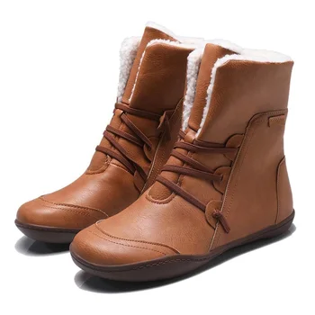 Дамски зимни кожа топла обувки Hot ПУ дамски зимни ботуши тенденция мода удобни диви меки топли вълнени обувки, къси ботуши тръба