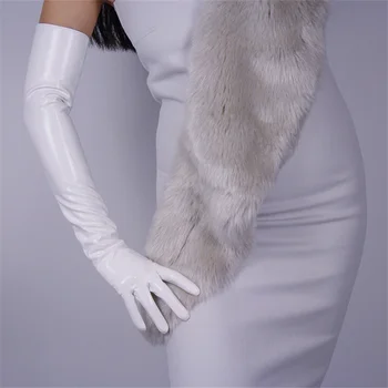 Дамски лачени дълги ръкавици с дължина 70 см Лакът имитативната кожа изкуствена кожа ръкавици огледално блестяща кожа ярко бял TB73