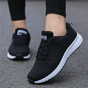 Дамски маратонки дишаща мрежа стягам плоски маратонки в черно Спортни жена дизайнер на обувки за момичета A08S