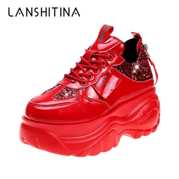 Дамски маратонки на платформа 2020 нови независимата кожени ежедневни обувки на 7 см токчета червени Вулканизированные обувки Дамски дизайнерски Bling набит маратонки