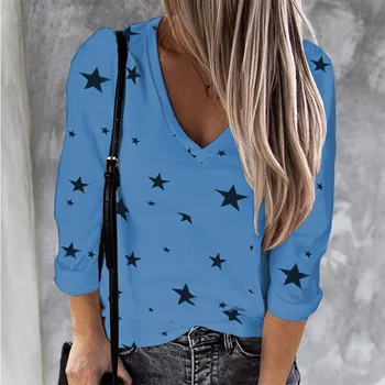 Дамски модни пентаграм печат на тениски Тениски 2020 есен с дълъг ръкав чай свободни ежедневни дамски синя тениска голям размер 5XL