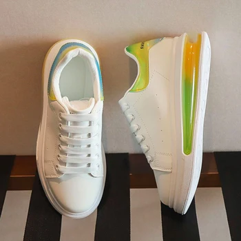 Дамски обувки Мода ПУ Дамски Ежедневни обувки 2020 апартамент платформа маратонки есен висока увеличение дишаща въздушна възглавница бели обувки