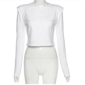 Дамски отворена бягаща тениска с дълъг ръкав pure white letter print стегнат Yoga дишаща fitness shoulder pad sportswear