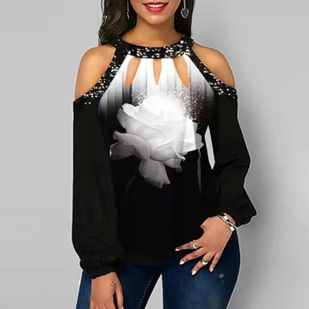 Дамски печат студена рамото блуза есента на Оглавник с дълъг ръкав свободни дамски блузи 2020 мода корейски дами върховете плюс размер 5XL