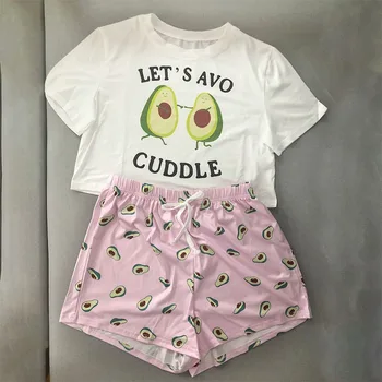 Дамски пижами сладък карикатура печат кратък набор от авокадо пижами за жени пижама комплект за сладки с къс ръкав лято пижами пижама комплект