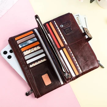 Дамски портфейл женски съединител естествена кожа-портфейли, за да дам дълъг чантата си телефон джоб с цип монета портфейли на притежателя на картата