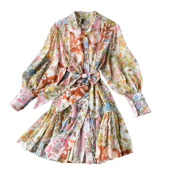 Дамски пролет есента рокля корейски стил, висока яка бутер ръкав цветни рокли, къси и дълги ръкави, ризи Дамски рокли LL084