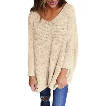 Дамски пуловери плътен цвят с V-образно деколте пуловер свободни голям размер пуловери