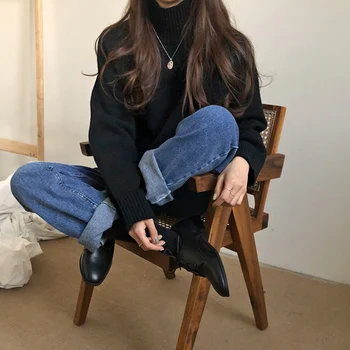 Дамски пуловери японски Kawaii Ulzzang ретро плътен цвят поло пуловер женски корейски Harajuku дрехи за жени