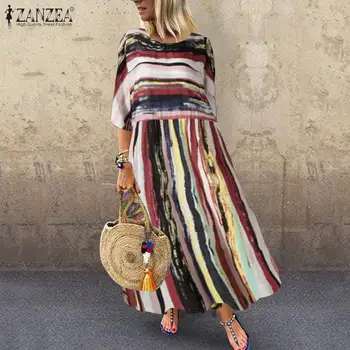 Дамски шарени сарафан ZANZEA лято макси рокля чешки ежедневно с къс ръкав Vestidos женски мозайка robe Femme плюс размер