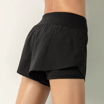 Дамски шорти за бягане 2-в-1 джоб с широк колан покритие слой компрессионный подложка почивка фитнес зала фитнес домашни къси панталони