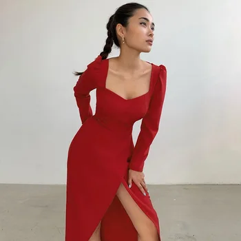 Дамско Зимно Рокля 2020 Ново Записване Секси Long Puff Sleeve Square Collar Split Red Black Solid Women Night Party Dresses Vestidos