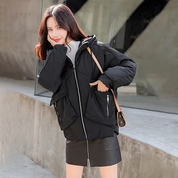 дамско яке 2020 зима нова памучни дрехи KoreanSolid color с дълъг ръкав свободни дебели пухени мека качулка ежедневни памук палта E8